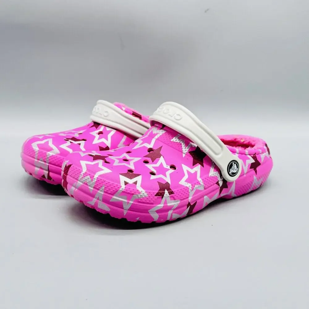 Crocs Shoes Girls 3 Pink Star Classic Lined Fuzzy Clog Slip On Winter Comfort